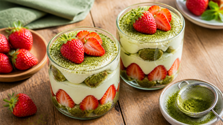 Layered strawberry matcha tiramisu cups in clear jars, showing green matcha sponge, white cream, and fresh strawberry slices, dusted with matcha powder