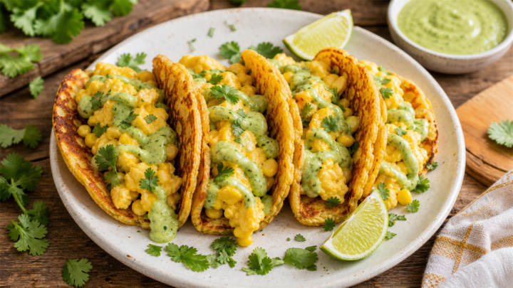 Sweet corn pancake tacos filled with scrambled eggs and drizzled with avocado crema on a white plate, garnished with cilantro and lime wedges.