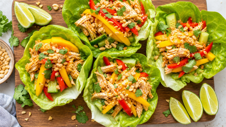 Thai Mango Crunch Chicken Lettuce Wraps on a white platter with lime wedges and herbs