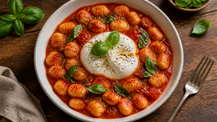 Bowl of tomato butter gnocchi with a generous dollop of creamy burrata and fresh basil leaves on top