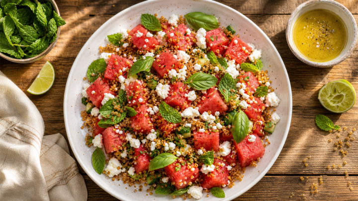 Watermelon feta crunch salad with crispy quinoa, fresh mint, and lime dressing on a white plate.