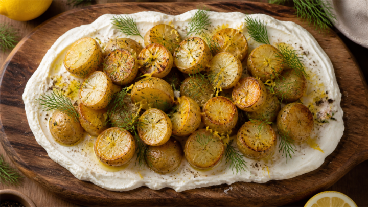 Whipped feta lemon dill potato platter on a wooden board with fresh dill and lemon zest garnish