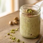 A jar of pistachio mocha overnight oats topped with chopped pistachios and a spoon, on a wooden table