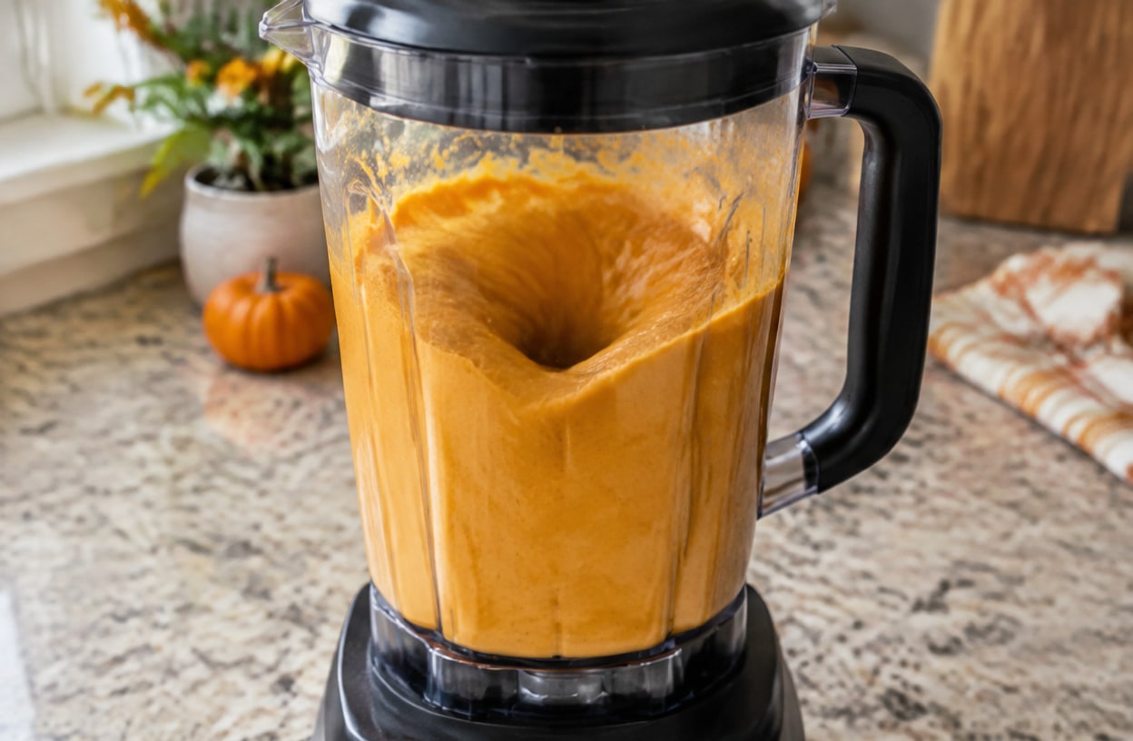A blender mixing a bright orange pumpkin spice smoothie.