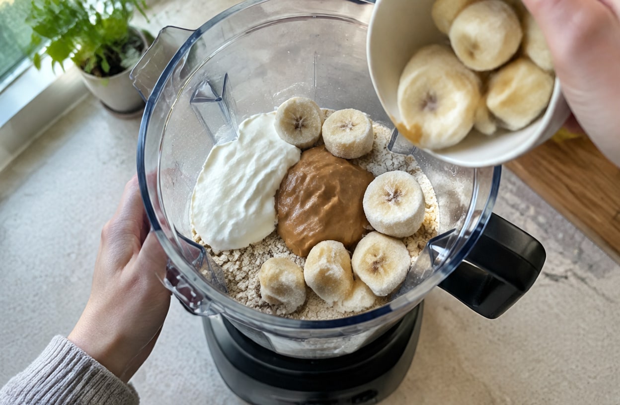 Adding yogurt, peanut butter, and banana to the blender.
