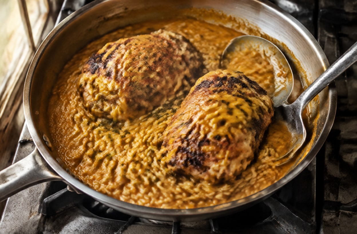 Chicken thighs nestled in creamy pumpkin orzo in a skillet, sauce spooned over.