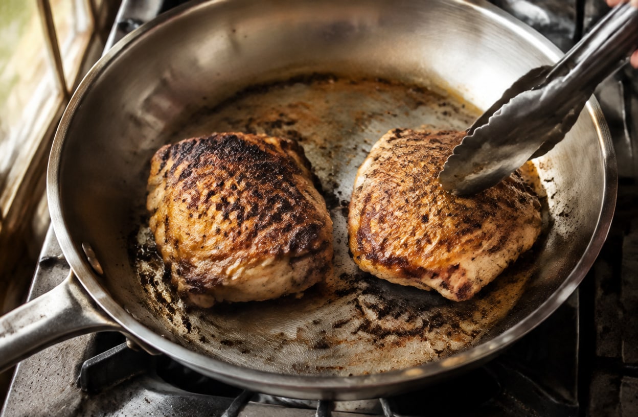 Chicken thighs searing in a skillet, one being turned with tongs.