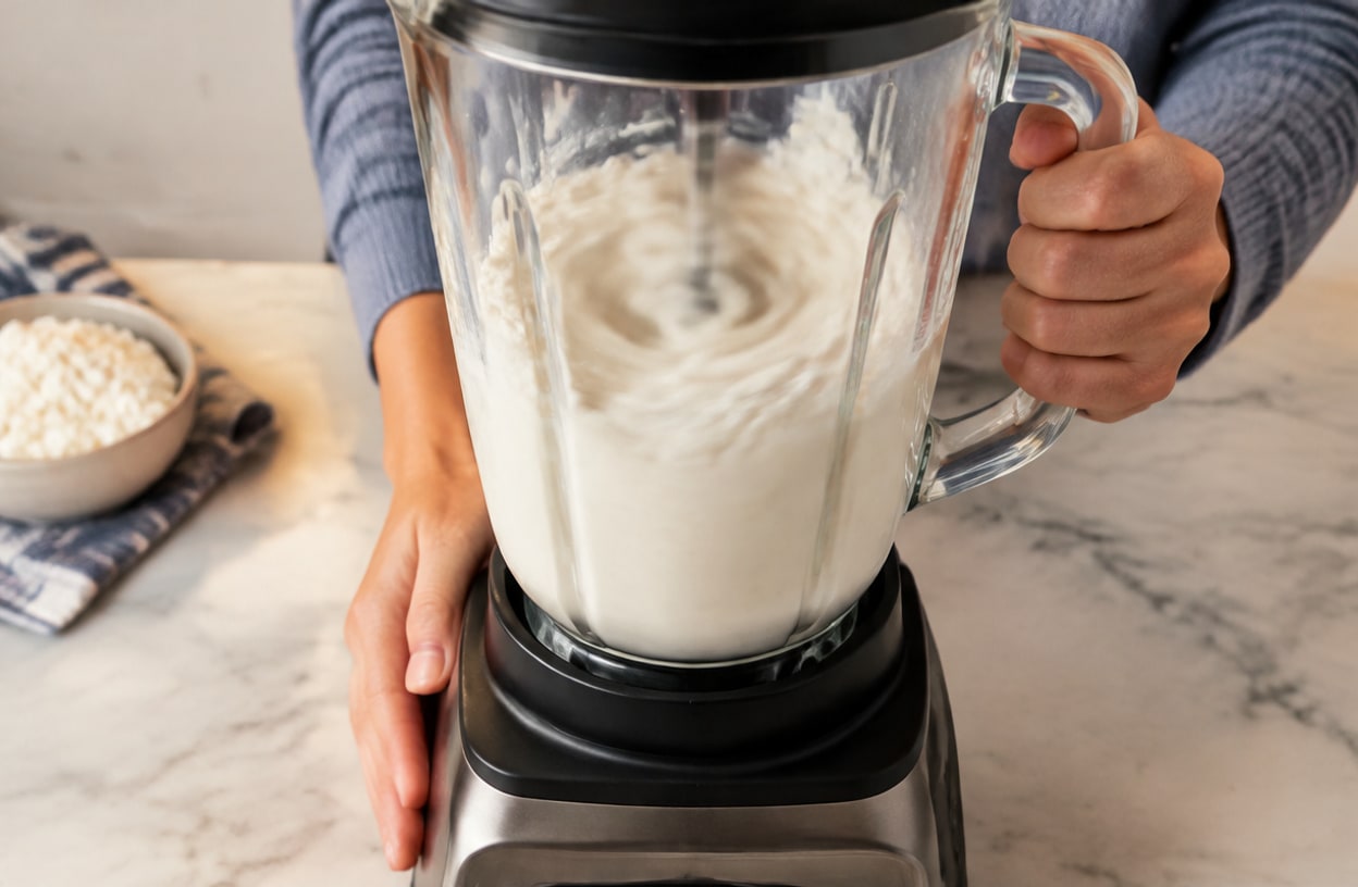 Cottage cheese being blended into a smooth cream in a blender.