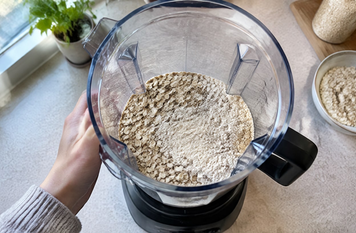 Dry oats being blended into a fine powder in a blender.