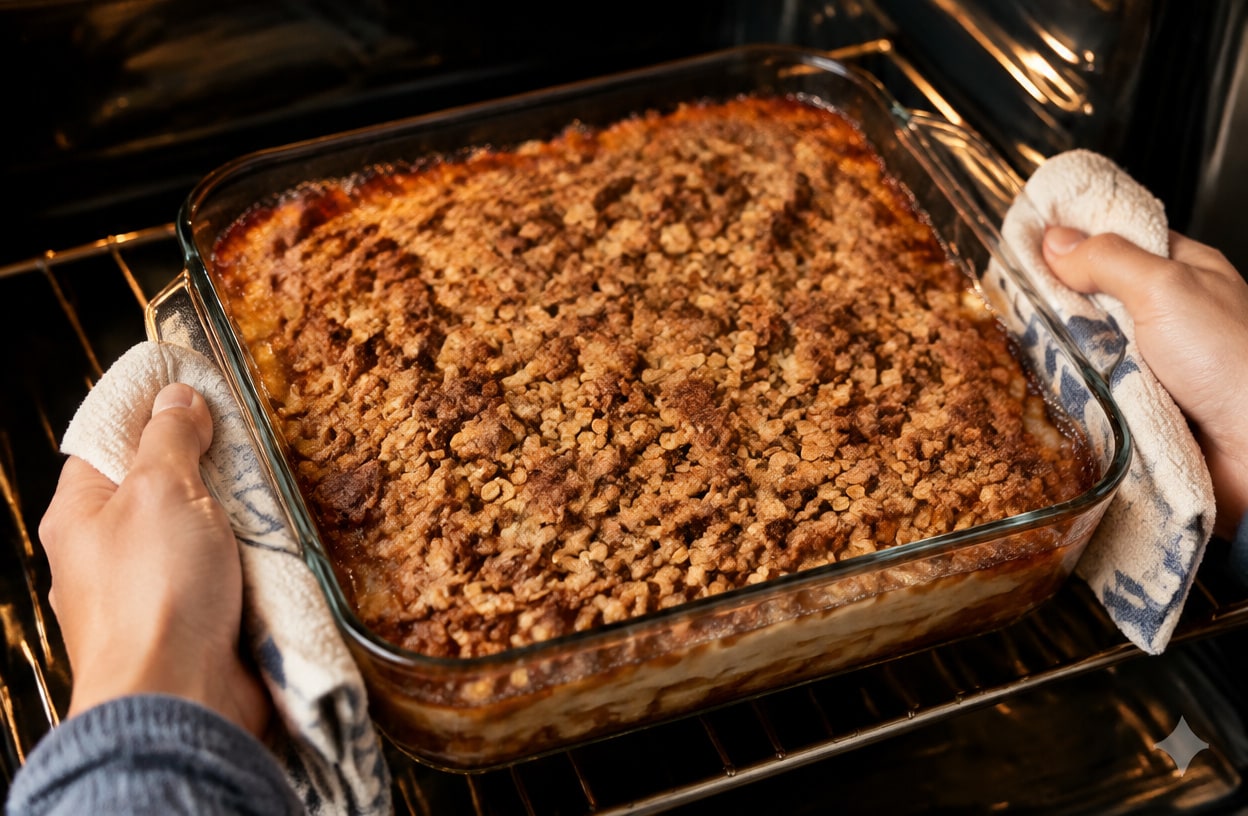 Freshly baked apple crisp with a deep golden-brown crunchy topping.