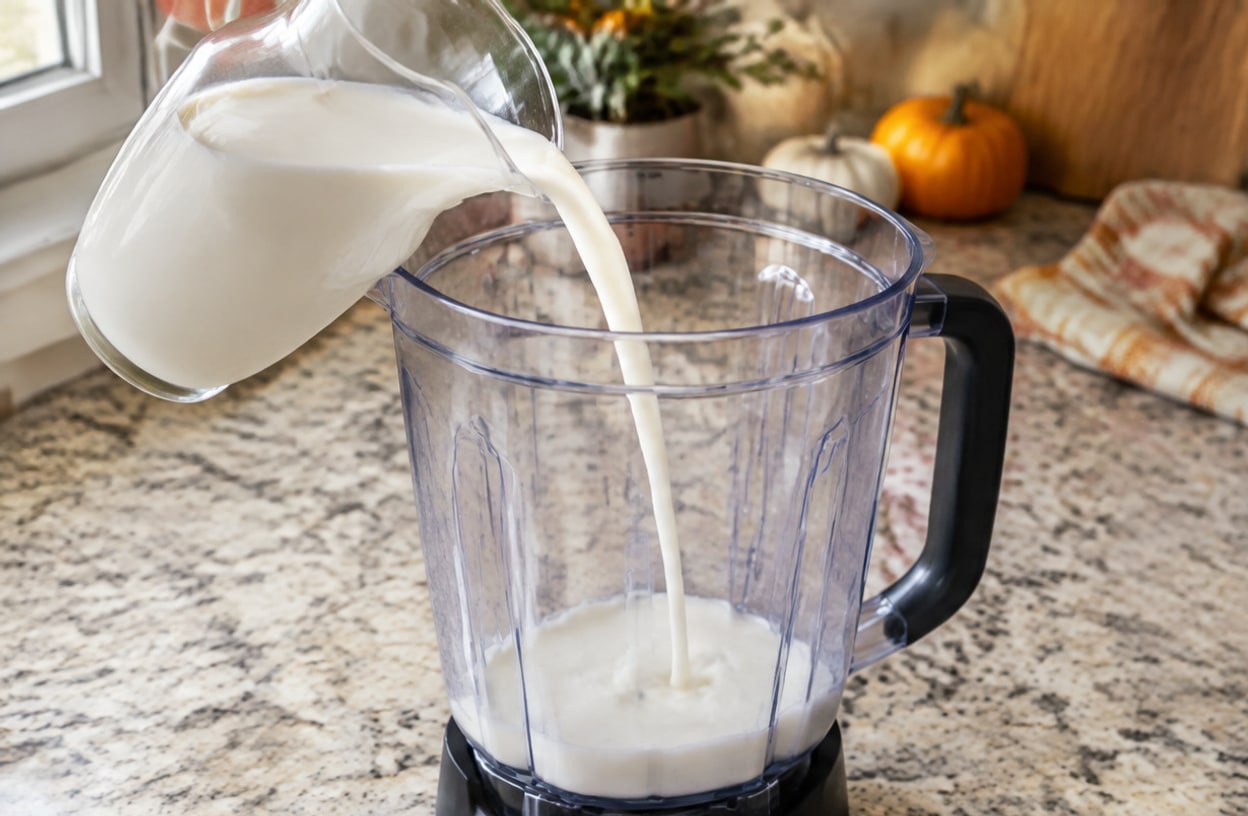 Milk being poured into the bottom of a clear blender jar.