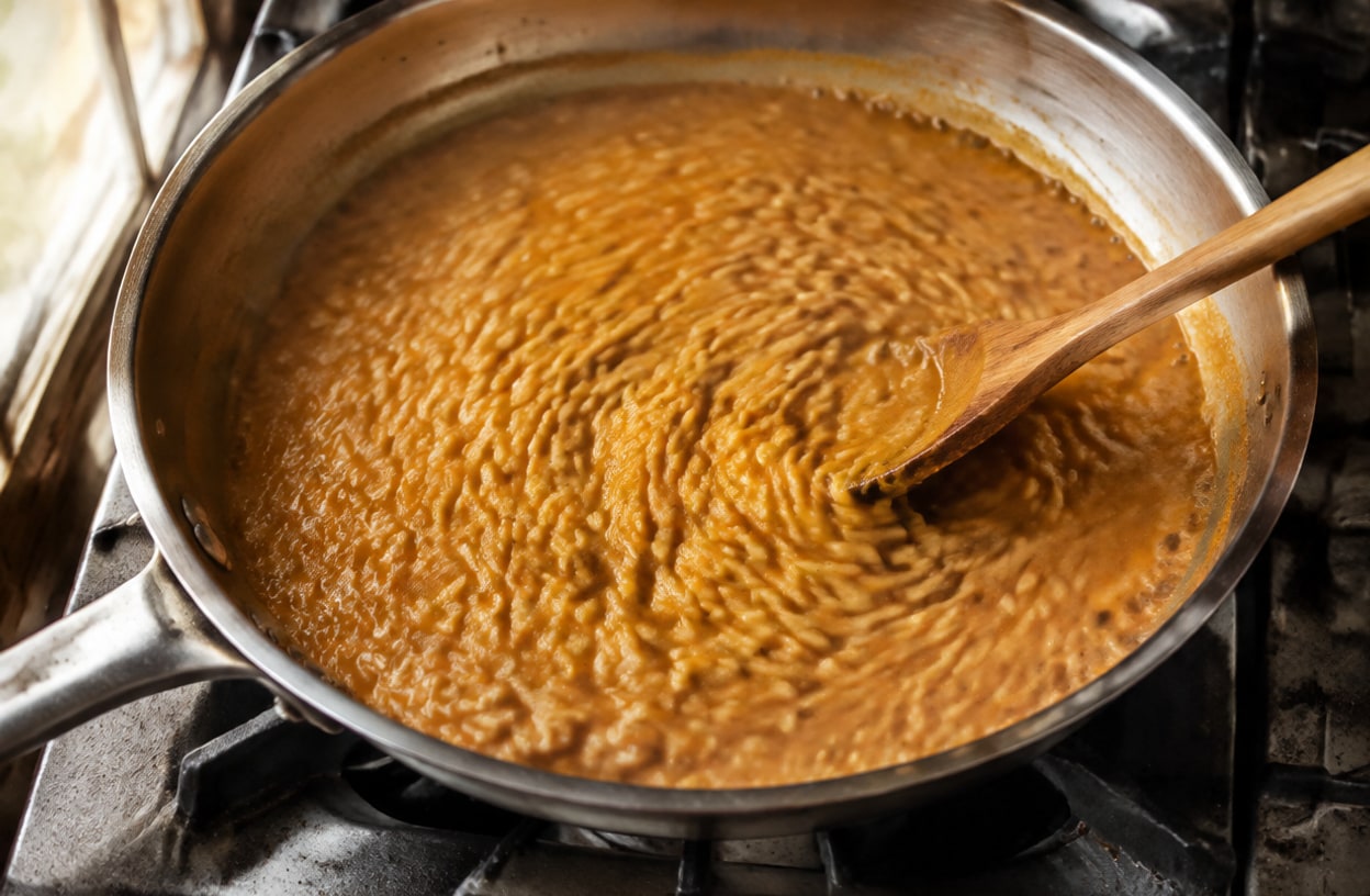 Orzo simmering in orange pumpkin sauce in a skillet, being stirred.