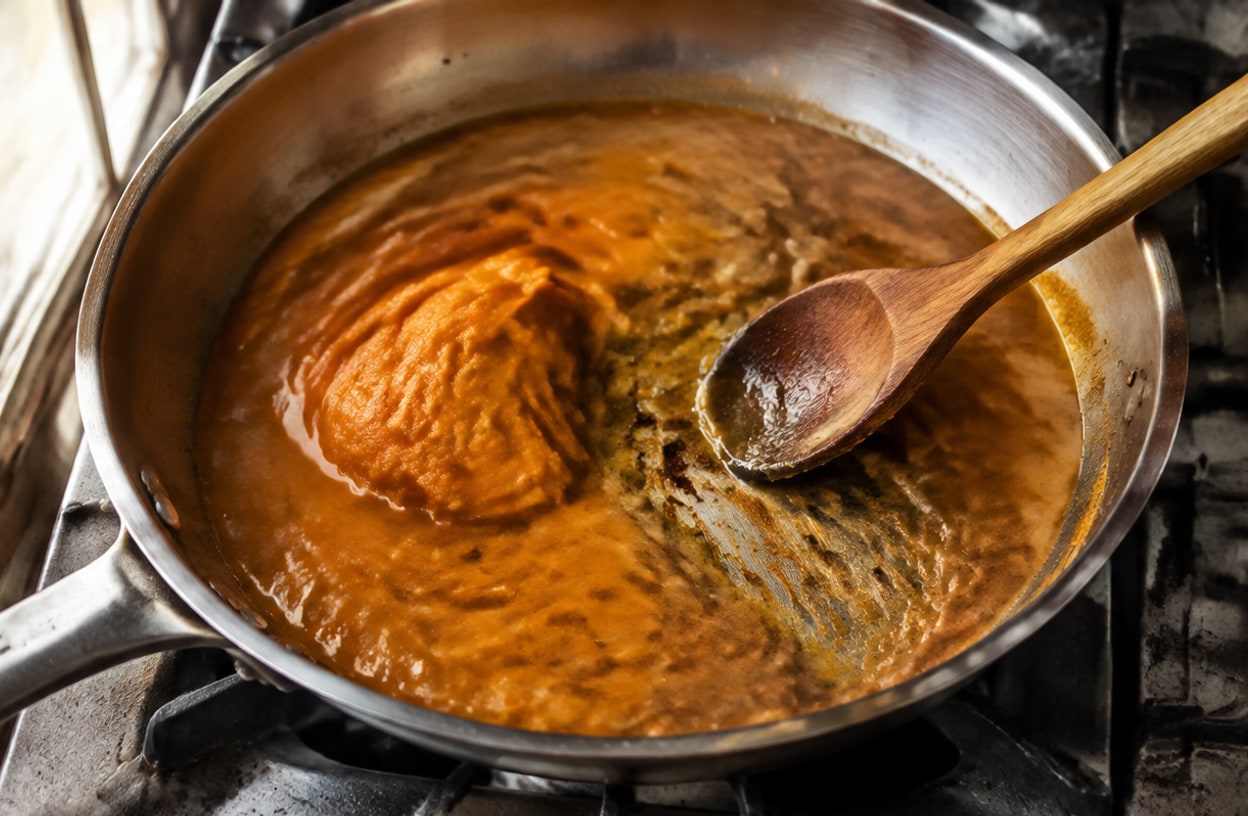 Pumpkin puree and broth in a skillet, spoon scraping up browned bits.