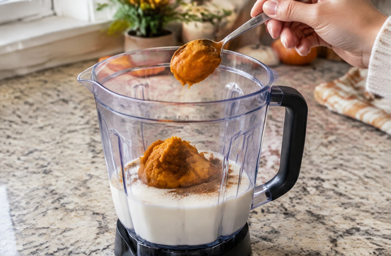 Pumpkin puree and spices layered on top of milk in a blender.