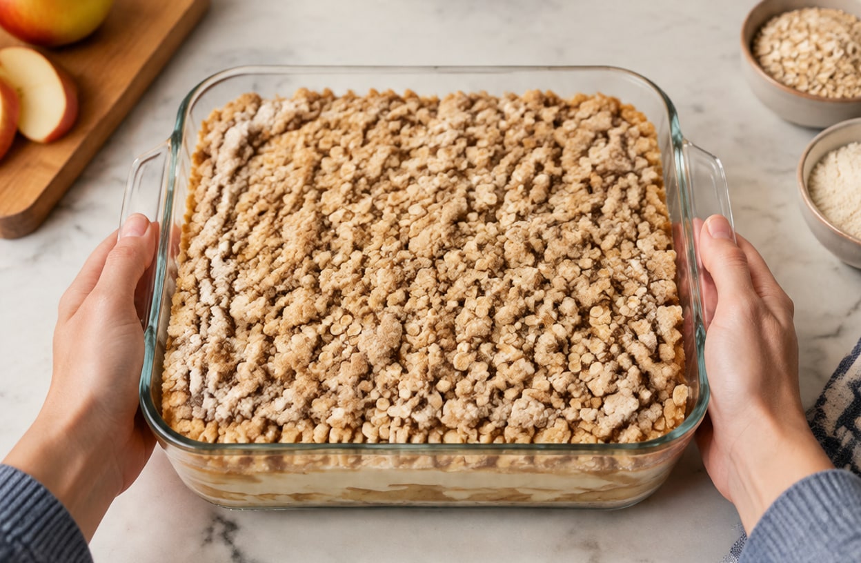 Unbaked apple crisp in a glass pan with the flour topping spread evenly.