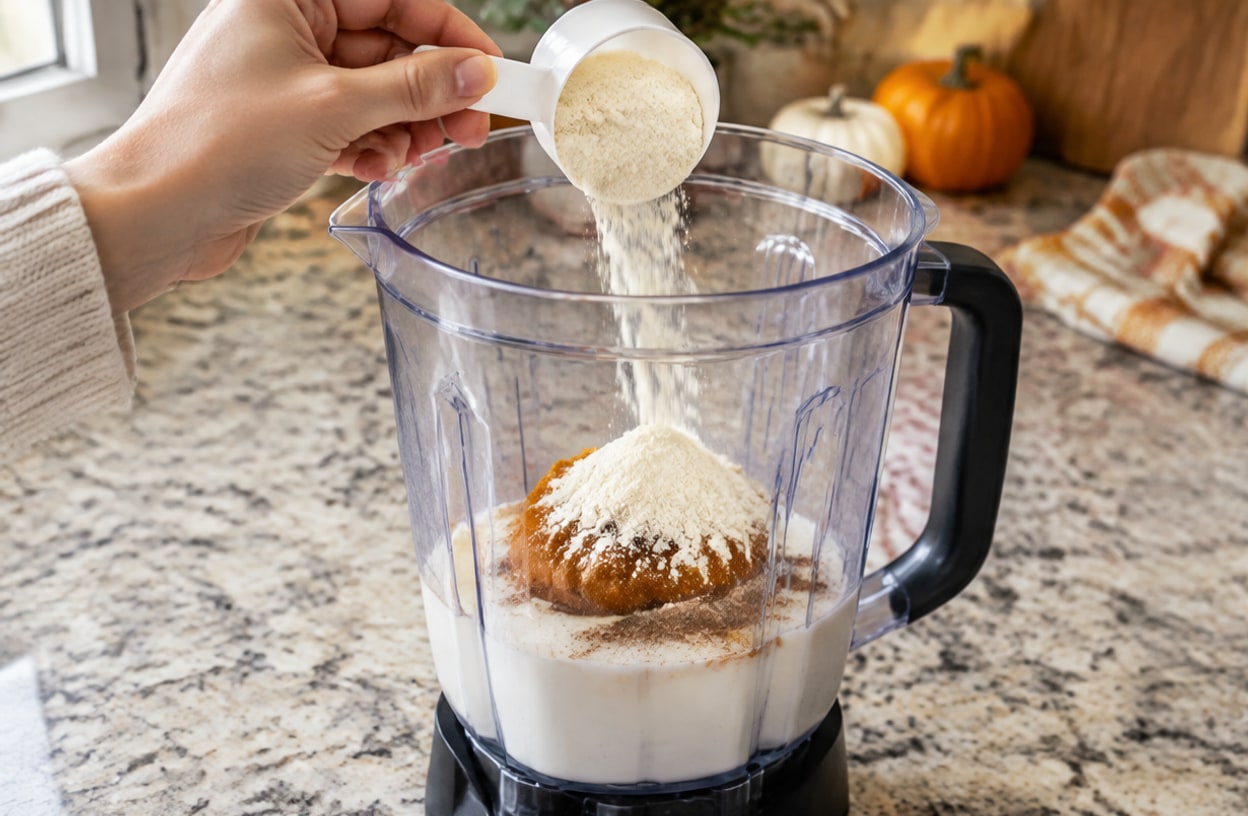 Vanilla protein powder being scooped into a blender jar.